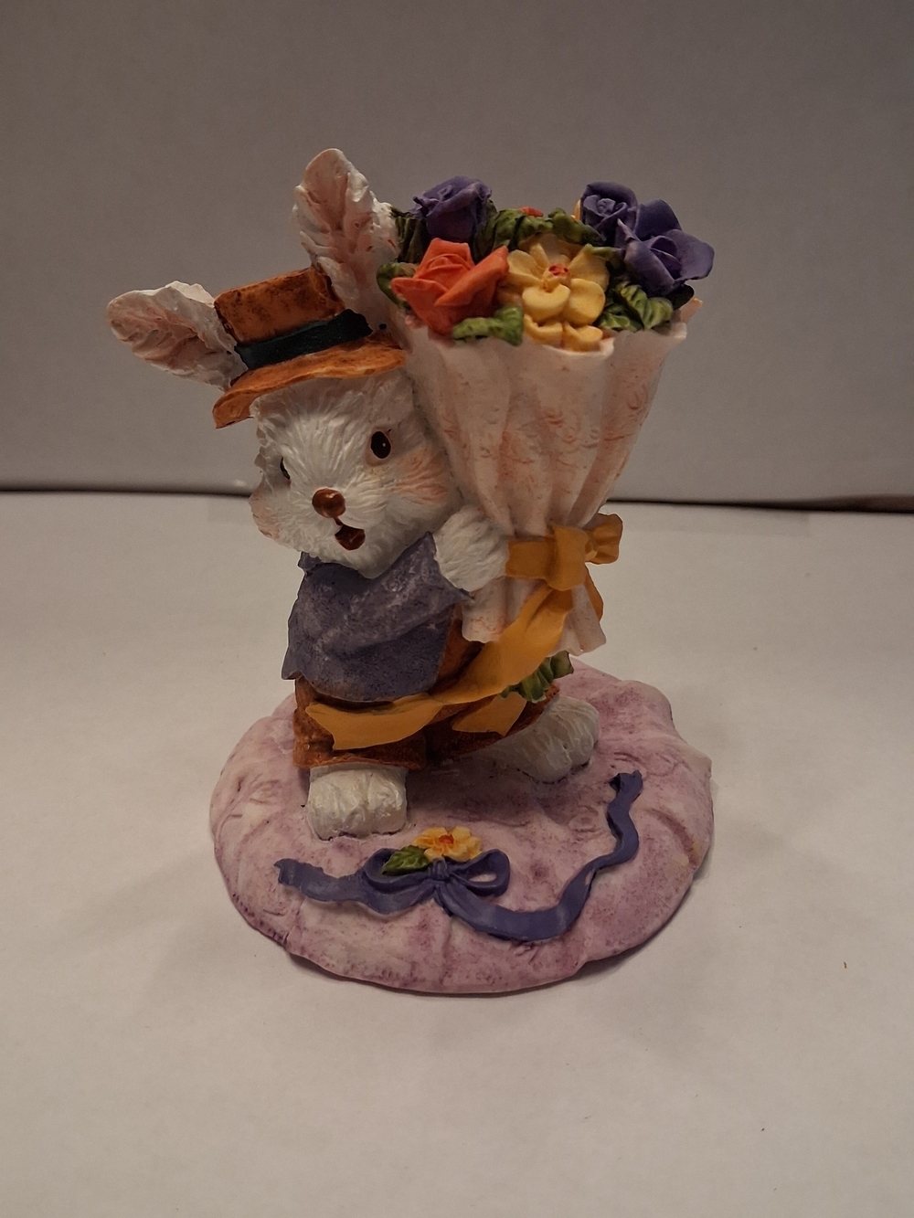 Easter Bunny Figurine with Flower Bouquet - Purple, Yellow, Orange (Vintage)